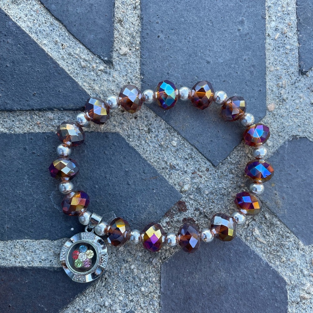 Copper Tone Beaded Bracelet with Silver Crystal Charm